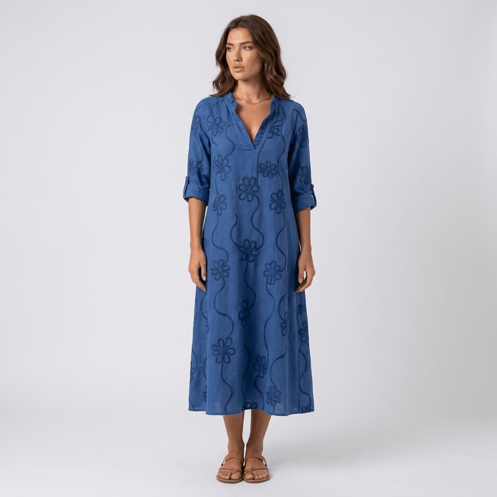 Marga Cotton Linen Blend Midi Dress – Bohemian Embroidered Everyday Summer Dress