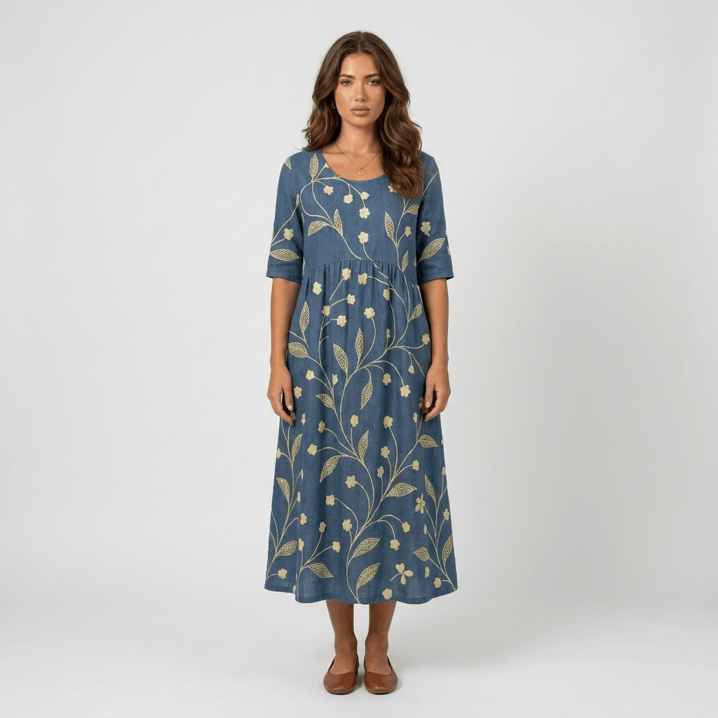 Evelyn Cotton Linen Blend Midi Dress – Relaxed Floral Everyday Summer Dress