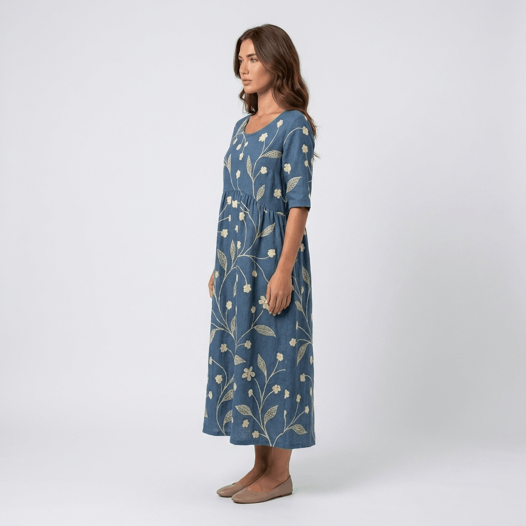 Evelyn Cotton Linen Blend Midi Dress – Relaxed Floral Everyday Summer Dress