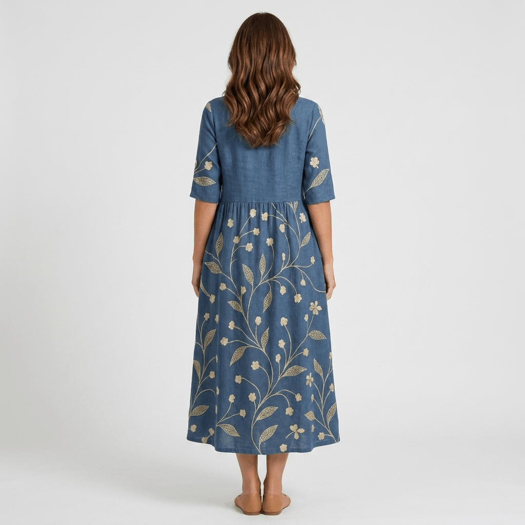 Evelyn Cotton Linen Blend Midi Dress – Relaxed Floral Everyday Summer Dress