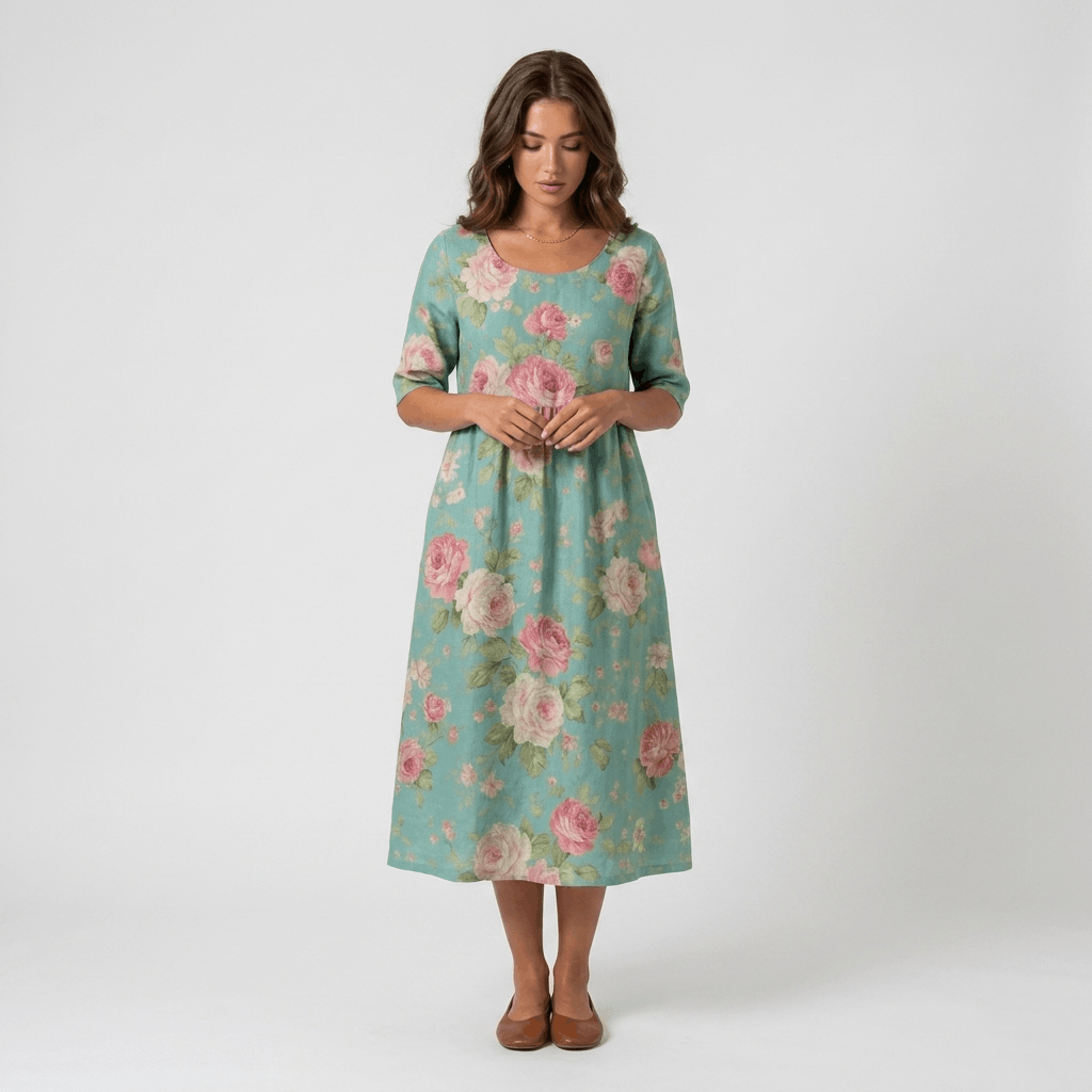 Evelyn Cotton Linen Blend Midi Dress – Relaxed Floral Everyday Summer Dress