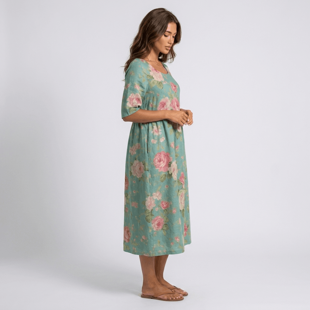 Evelyn Cotton Linen Blend Midi Dress – Relaxed Floral Everyday Summer Dress
