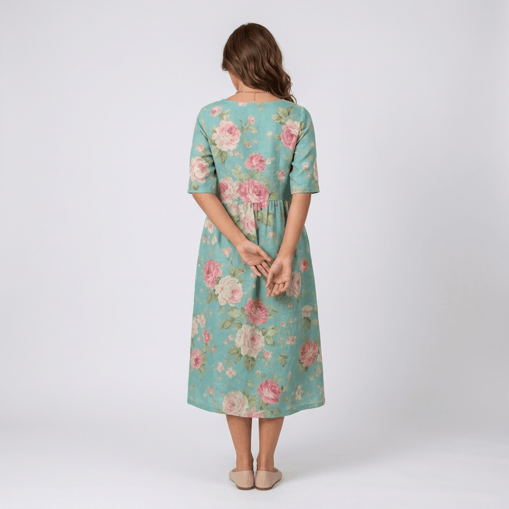 Evelyn Cotton Linen Blend Midi Dress – Relaxed Floral Everyday Summer Dress