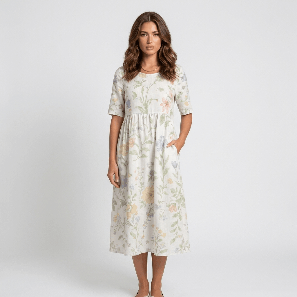 Evelyn Cotton Linen Blend Midi Dress – Relaxed Floral Everyday Summer Dress