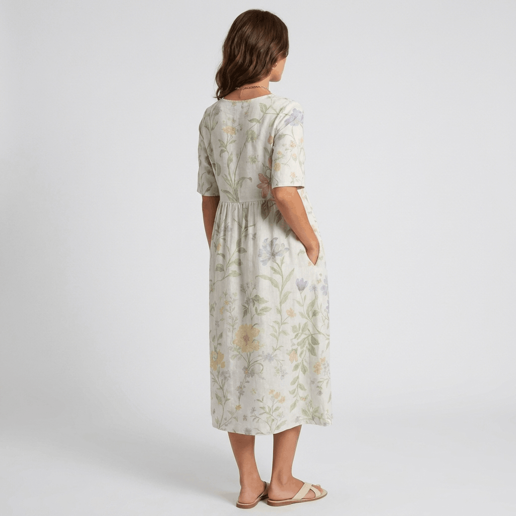 Evelyn Cotton Linen Blend Midi Dress – Relaxed Floral Everyday Summer Dress