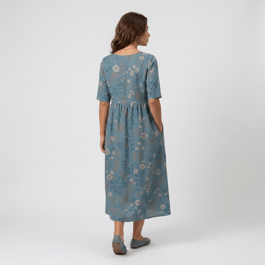 Evelyn Cotton Linen Blend Midi Dress – Relaxed Floral Everyday Summer Dress