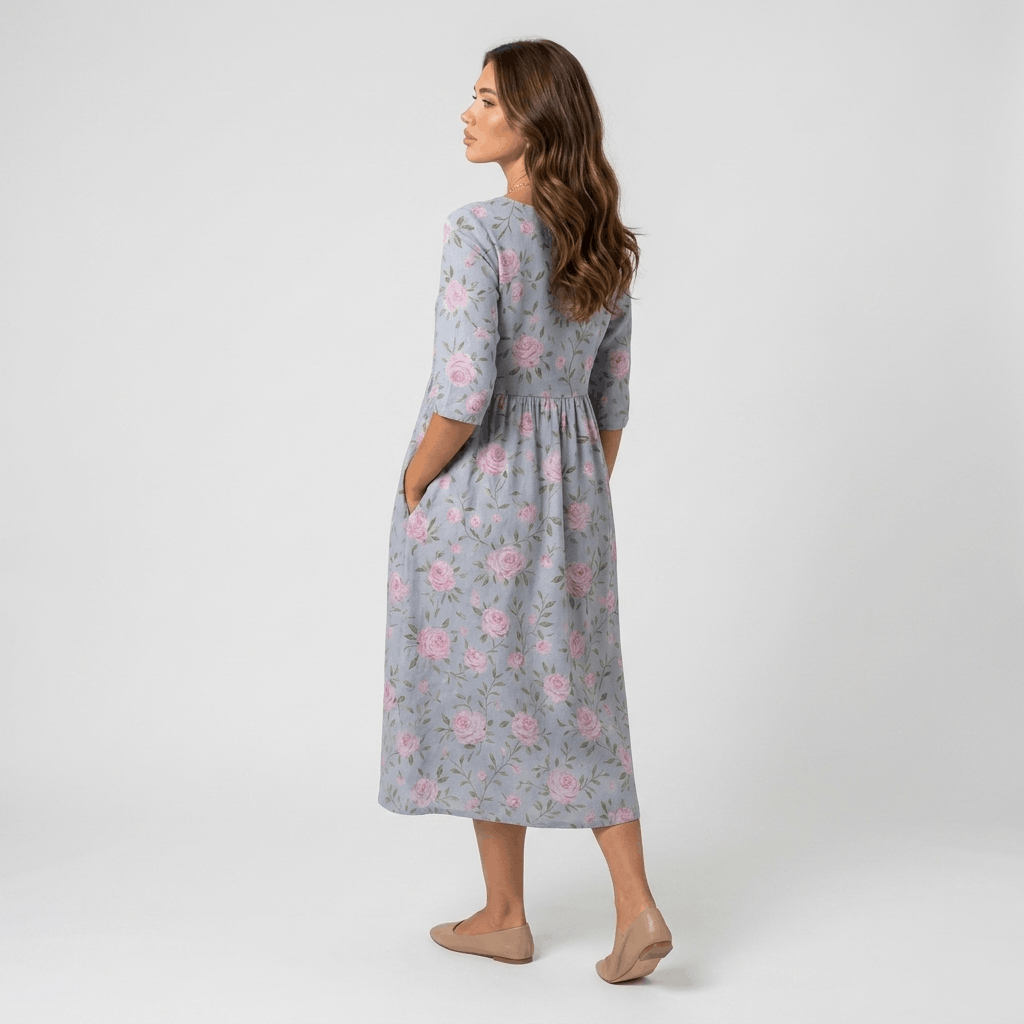 Evelyn Cotton Linen Blend Midi Dress – Relaxed Floral Everyday Summer Dress