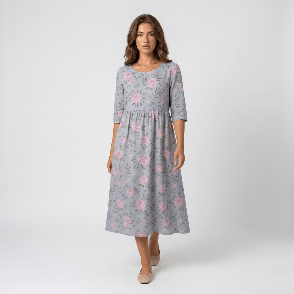 Evelyn Cotton Linen Blend Midi Dress – Relaxed Floral Everyday Summer Dress
