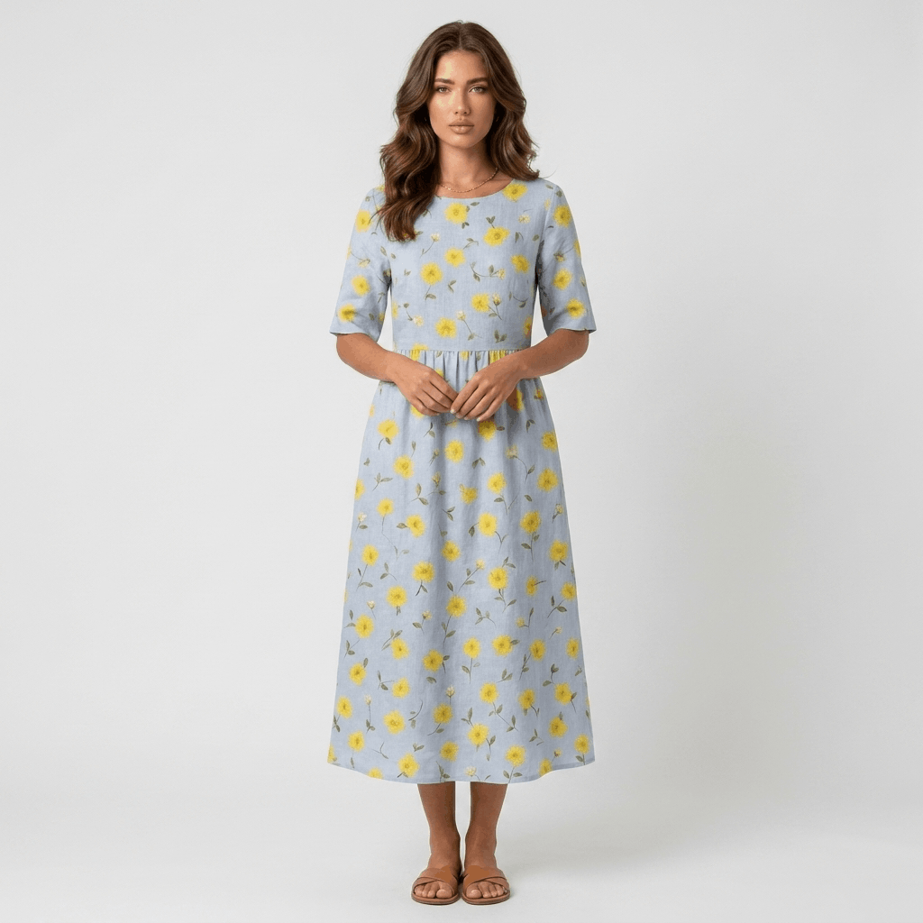 Evelyn Cotton Linen Blend Midi Dress – Relaxed Floral Everyday Summer Dress