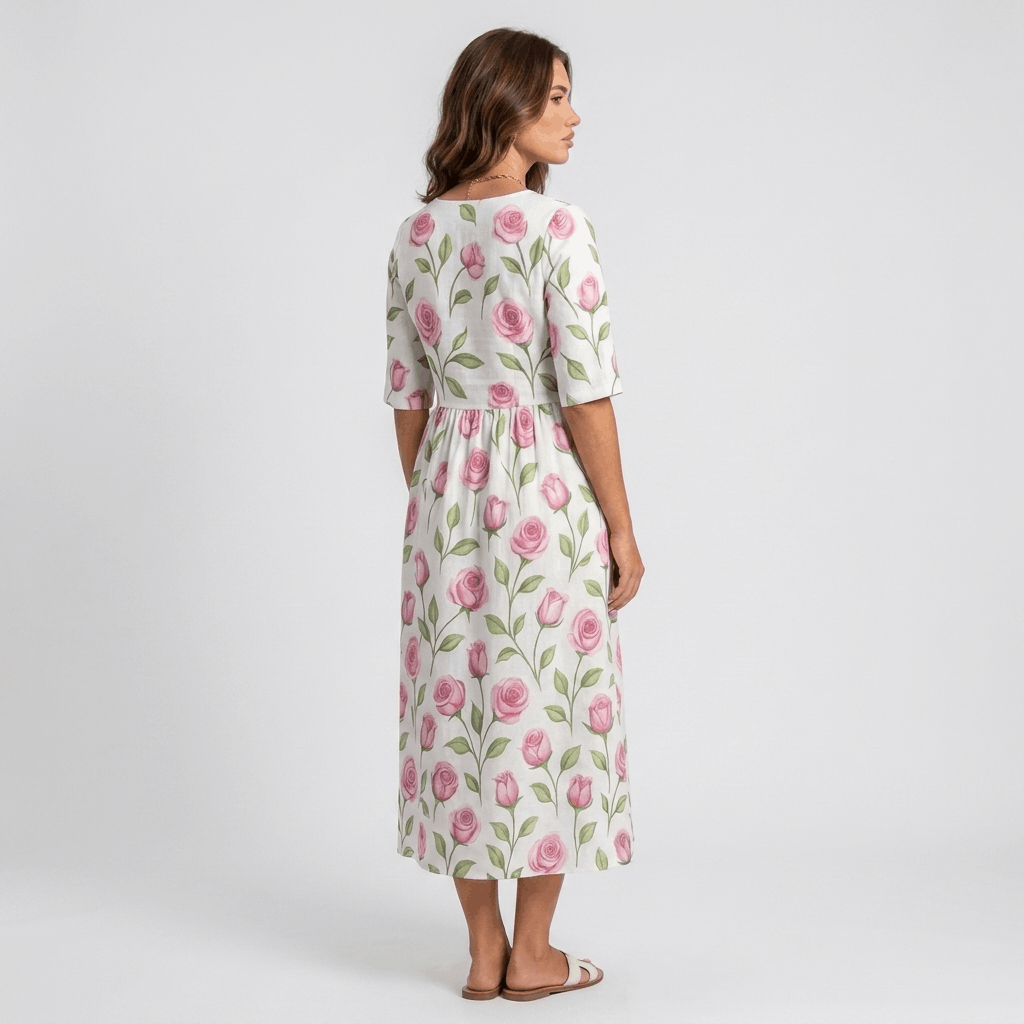 Evelyn Cotton Linen Blend Midi Dress – Relaxed Floral Everyday Summer Dress