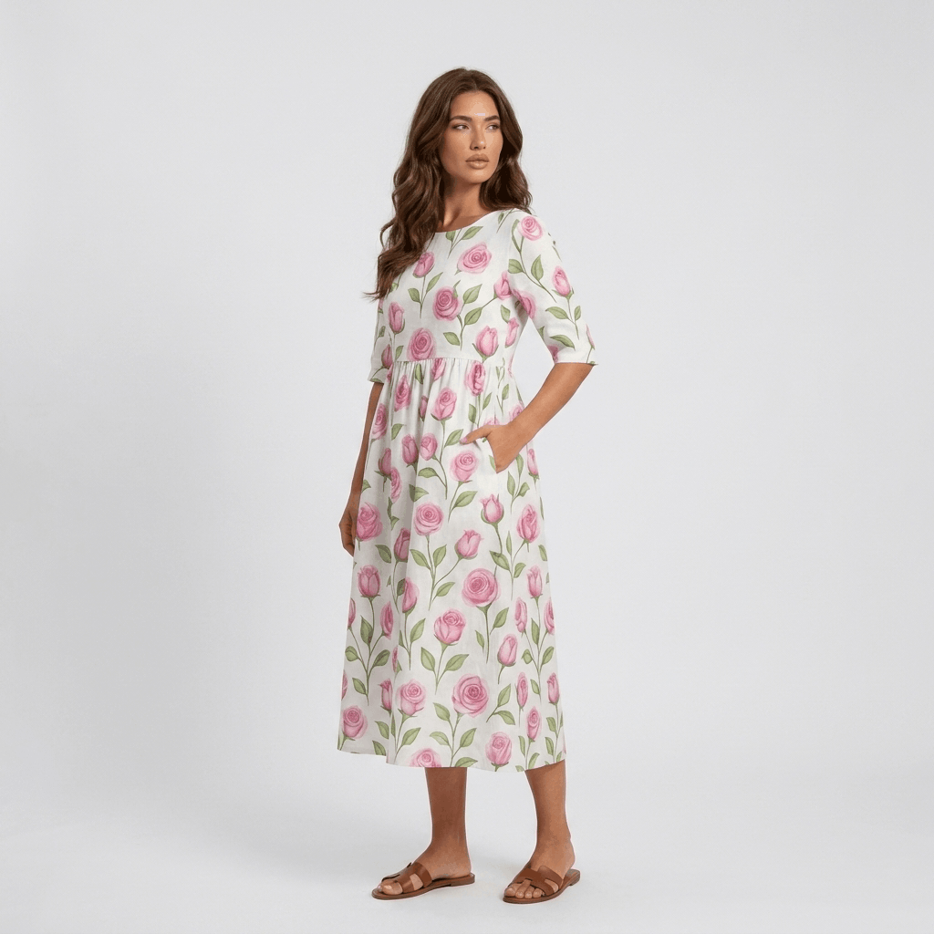 Evelyn Cotton Linen Blend Midi Dress – Relaxed Floral Everyday Summer Dress