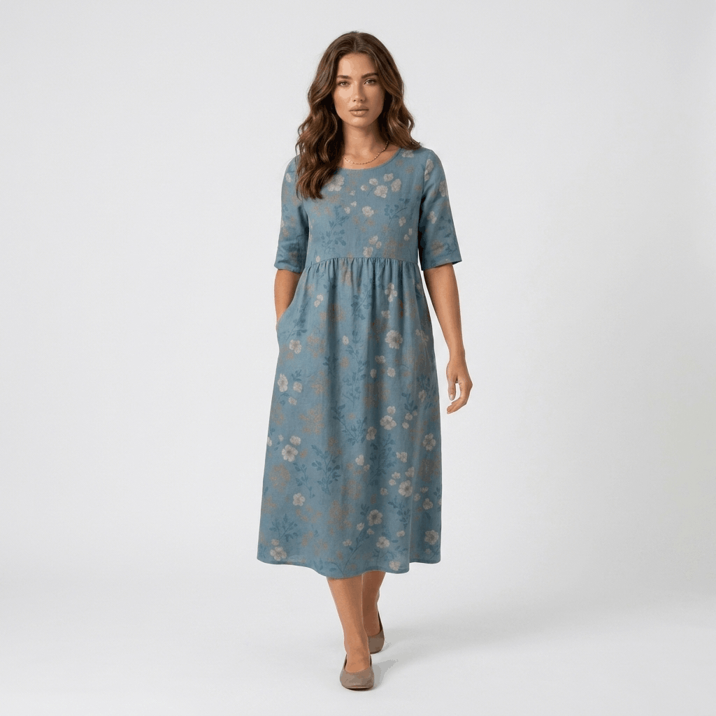 Evelyn Cotton Linen Blend Midi Dress – Relaxed Floral Everyday Summer Dress
