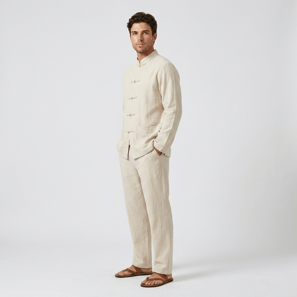 Edwin Linen Two-Piece Set – Relaxed Traditional Frog Button Outfit