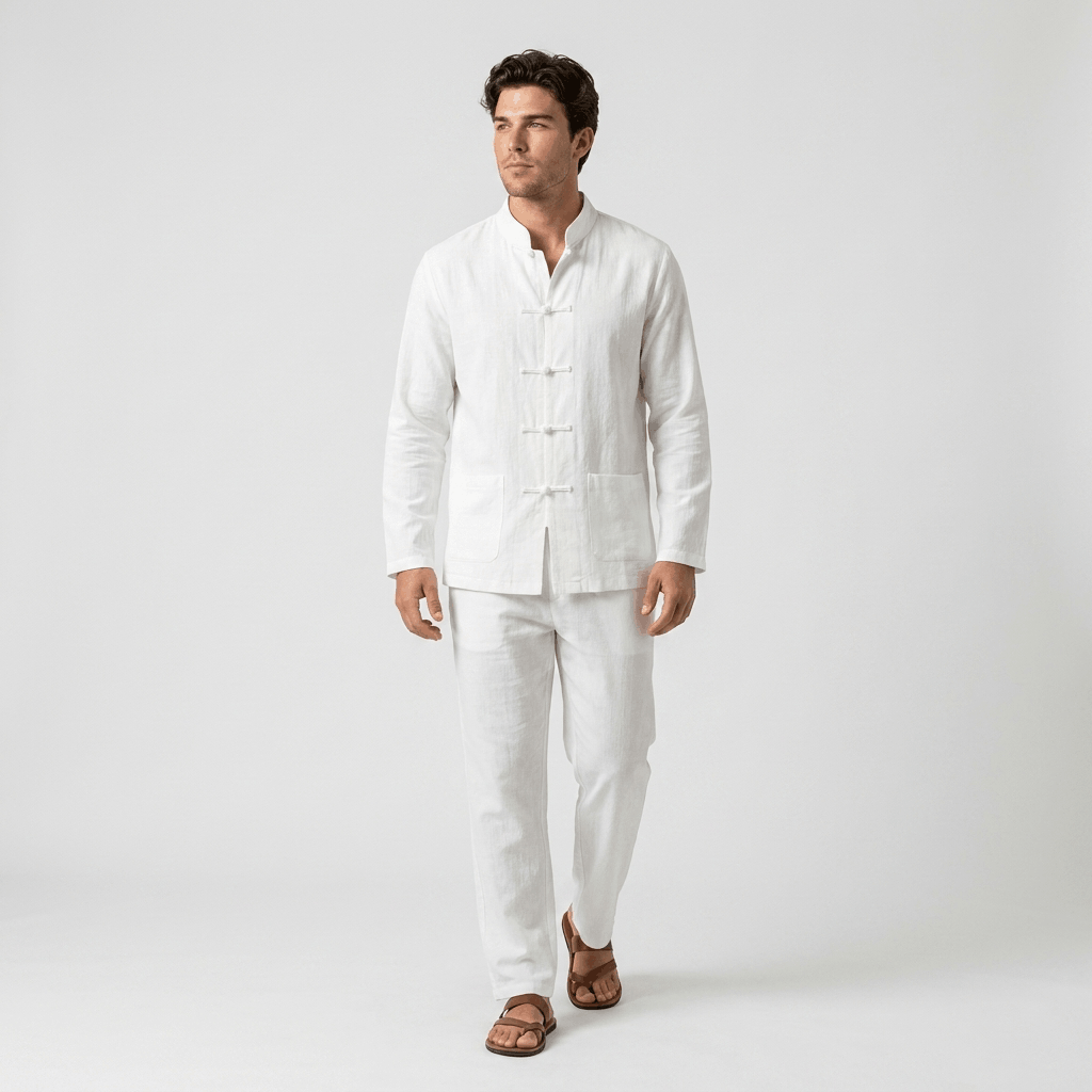 Edwin Linen Two-Piece Set – Relaxed Traditional Frog Button Outfit
