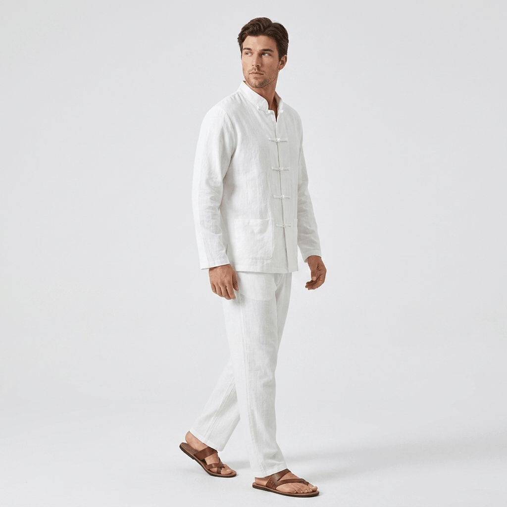 Edwin Linen Two-Piece Set – Relaxed Traditional Frog Button Outfit