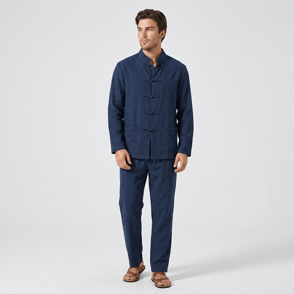 Edwin Linen Two-Piece Set – Relaxed Traditional Frog Button Outfit