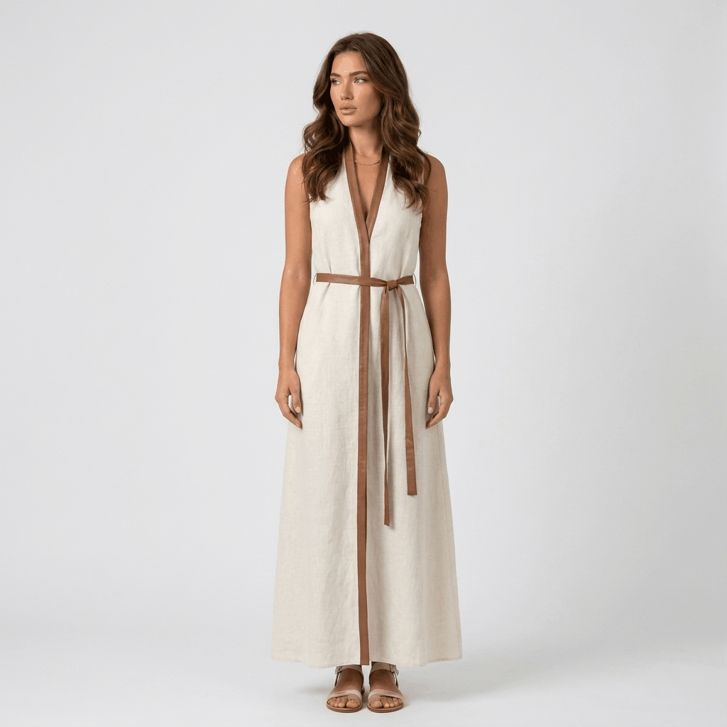 Mabelynn Cotton Linen Maxi Dress – Contrast Trim Tie Waist Summer Outfit