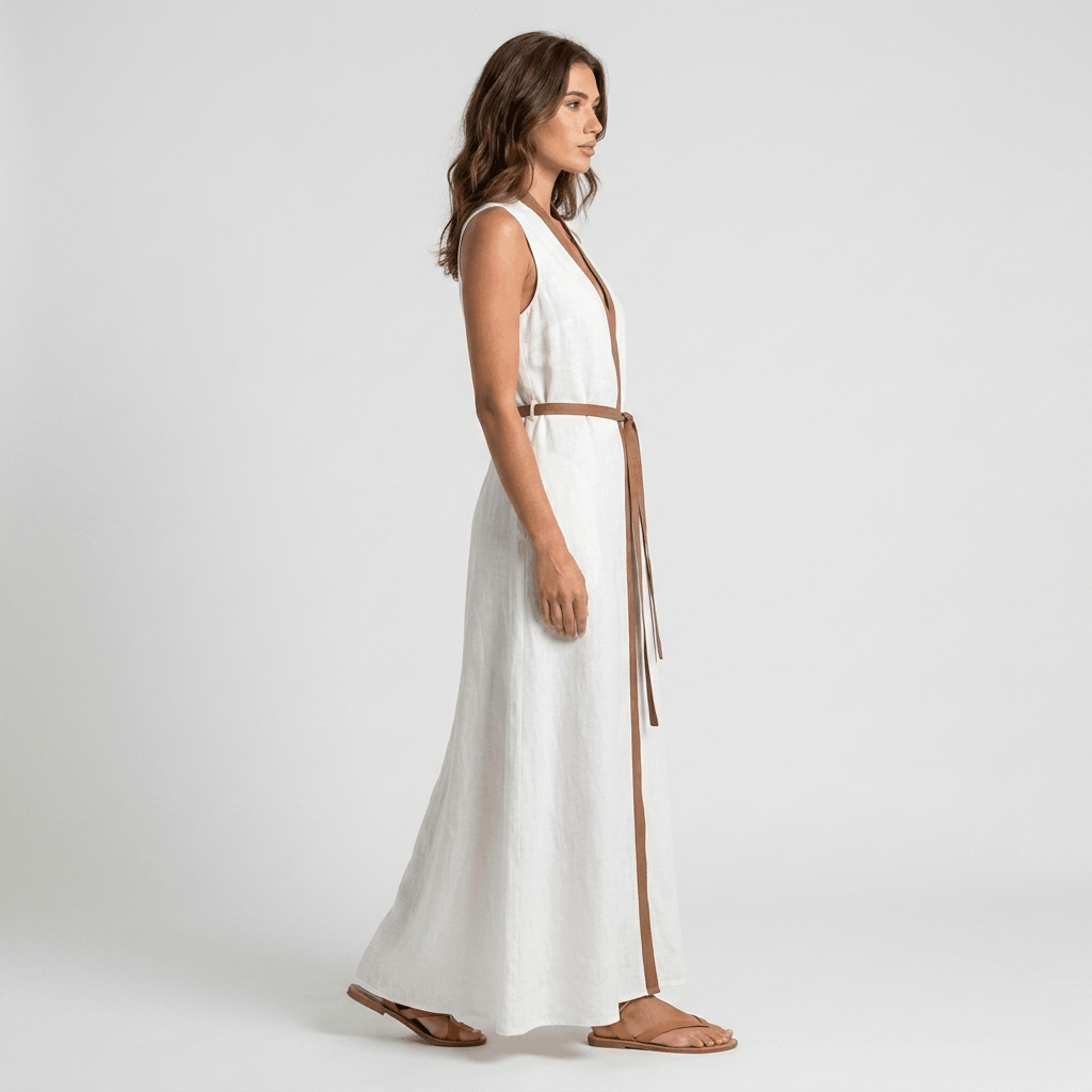 Mabelynn Cotton Linen Maxi Dress – Contrast Trim Tie Waist Summer Outfit
