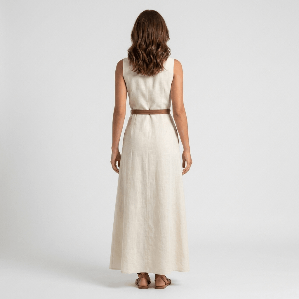 Mabelynn Cotton Linen Maxi Dress – Contrast Trim Tie Waist Summer Outfit