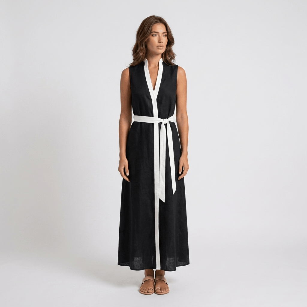 Mabelynn Cotton Linen Maxi Dress – Contrast Trim Tie Waist Summer Outfit
