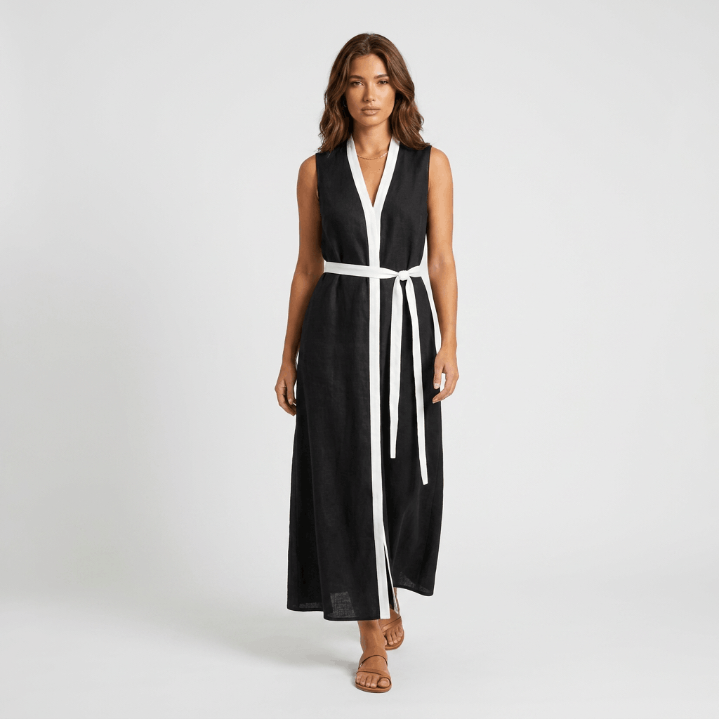 Mabelynn Cotton Linen Maxi Dress – Contrast Trim Tie Waist Summer Outfit