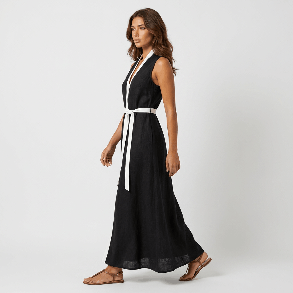Mabelynn Cotton Linen Maxi Dress – Contrast Trim Tie Waist Summer Outfit