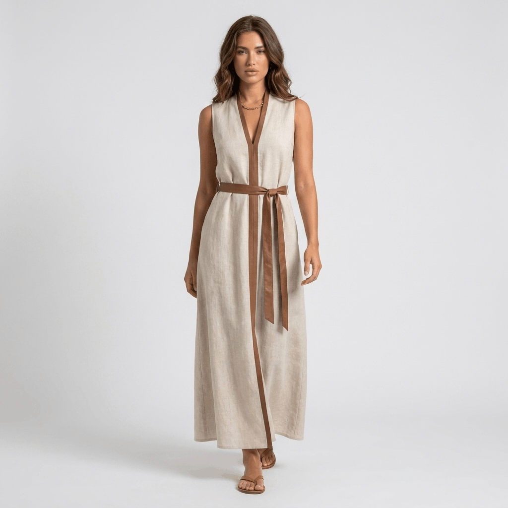 Mabelynn Cotton Linen Maxi Dress – Contrast Trim Tie Waist Summer Outfit