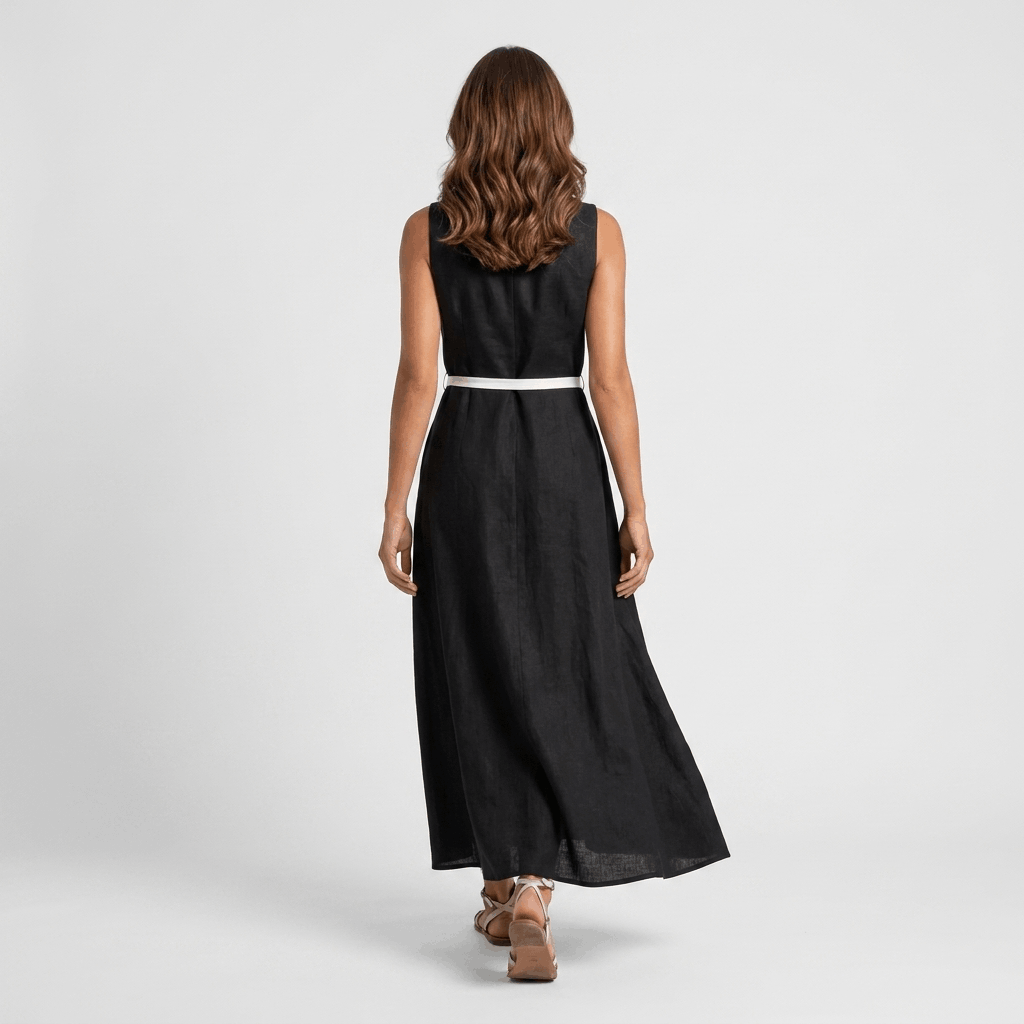 Mabelynn Cotton Linen Maxi Dress – Contrast Trim Tie Waist Summer Outfit
