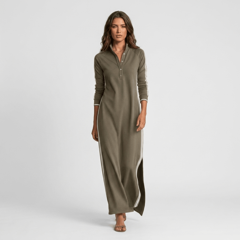 Jovelyn Contrast Trim Maxi Dress – Henley Collar Lounge Wear