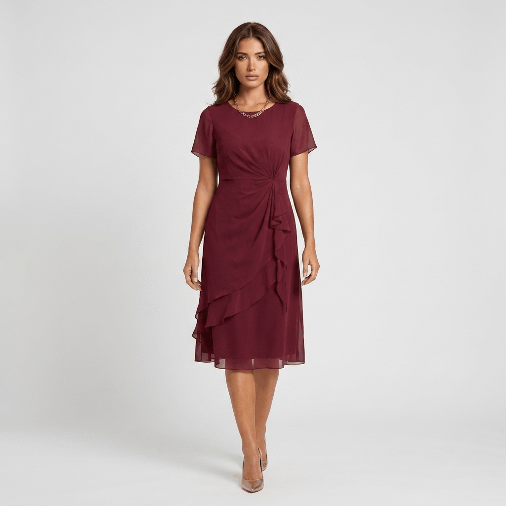 Rosalind Chiffon Midi Dress – Twist Waist Ruffle Detail Occasion Wear