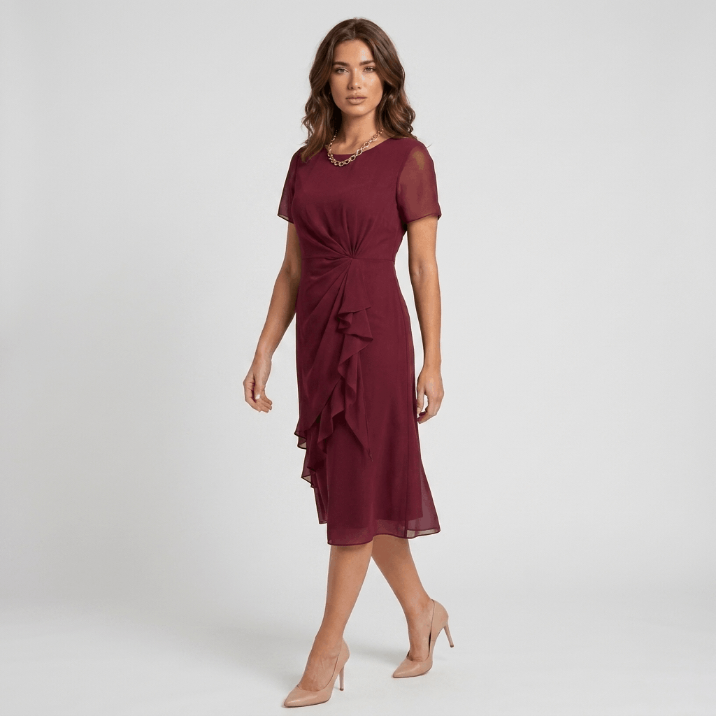 Rosalind Chiffon Midi Dress – Twist Waist Ruffle Detail Occasion Wear