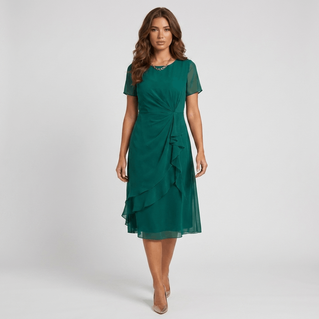 Rosalind Chiffon Midi Dress – Twist Waist Ruffle Detail Occasion Wear
