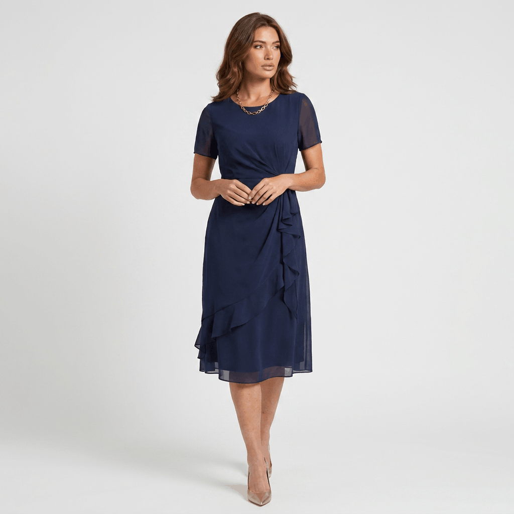 Rosalind Chiffon Midi Dress – Twist Waist Ruffle Detail Occasion Wear
