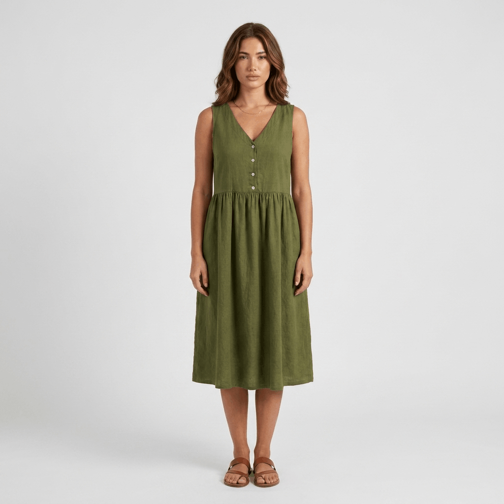 Mathilde Sleeveless Linen Midi Dress – Button Front Relaxed Summer Dress