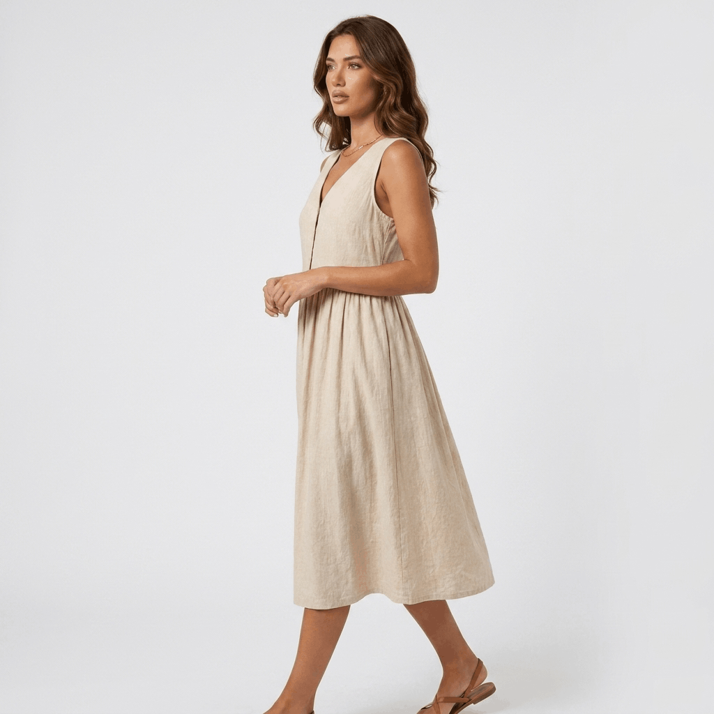Mathilde Sleeveless Linen Midi Dress – Button Front Relaxed Summer Dress