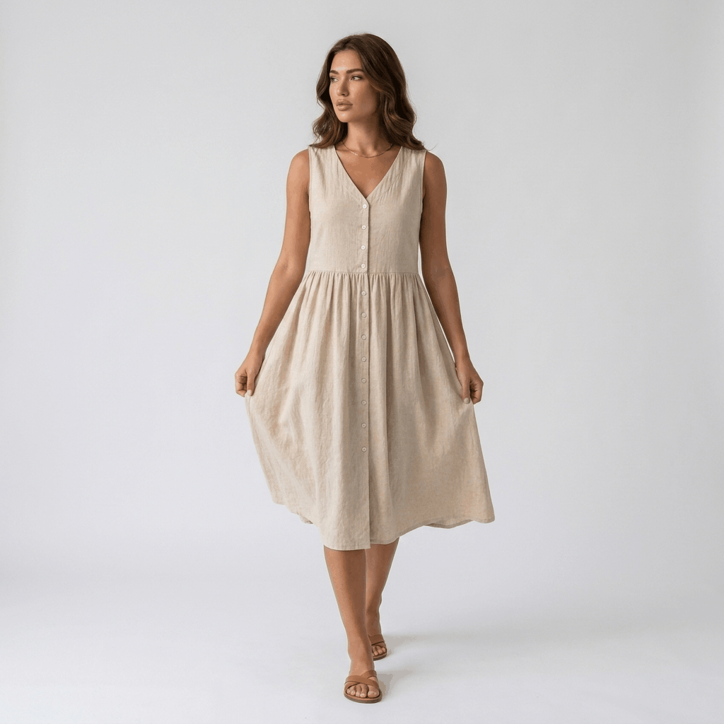 Mathilde Sleeveless Linen Midi Dress – Button Front Relaxed Summer Dress
