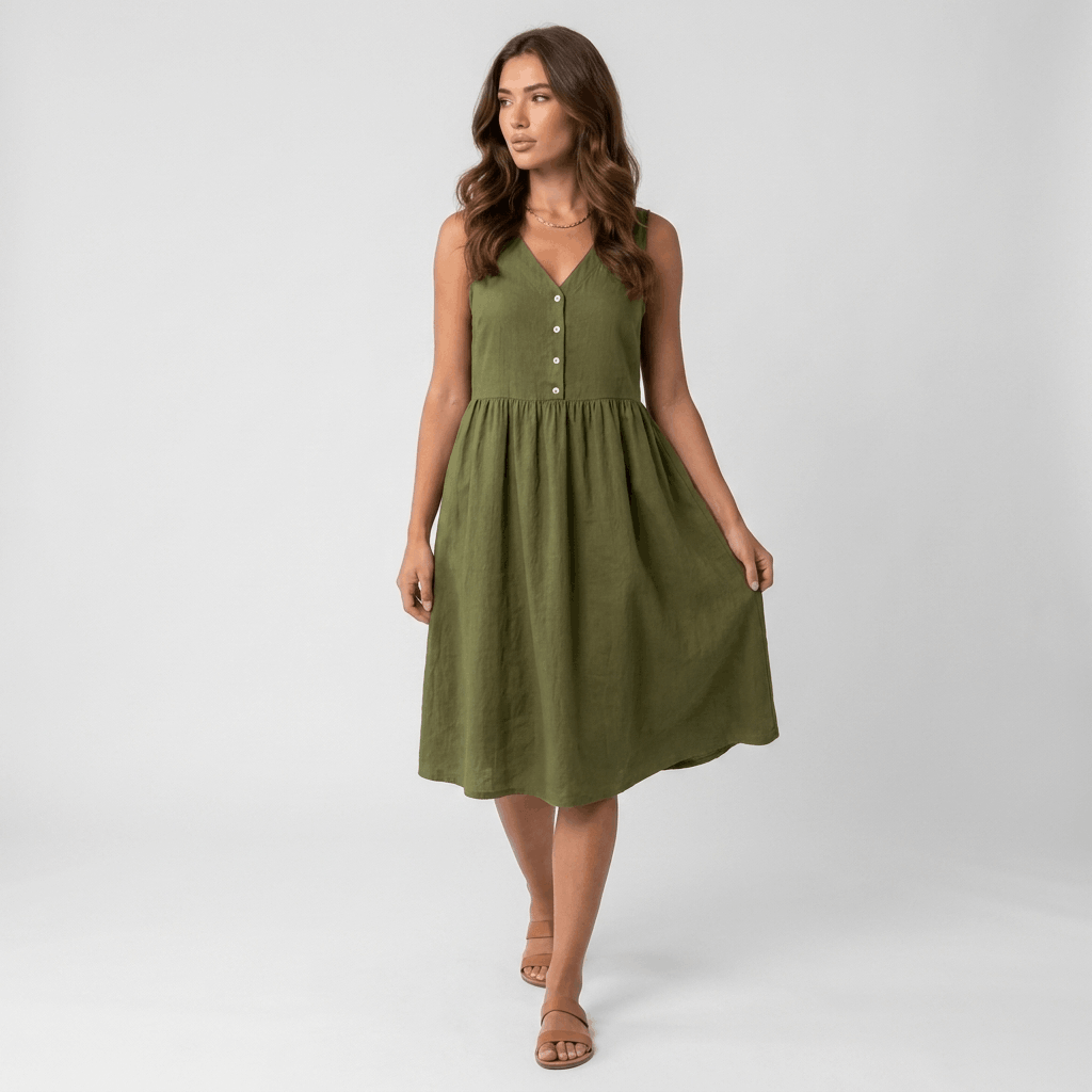 Mathilde Sleeveless Linen Midi Dress – Button Front Relaxed Summer Dress