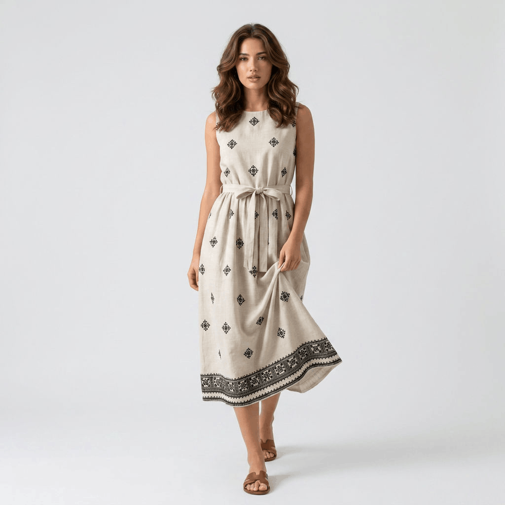 Adeline Cotton Linen Midi Dress – Embroidered Waist Tie Casual Dress