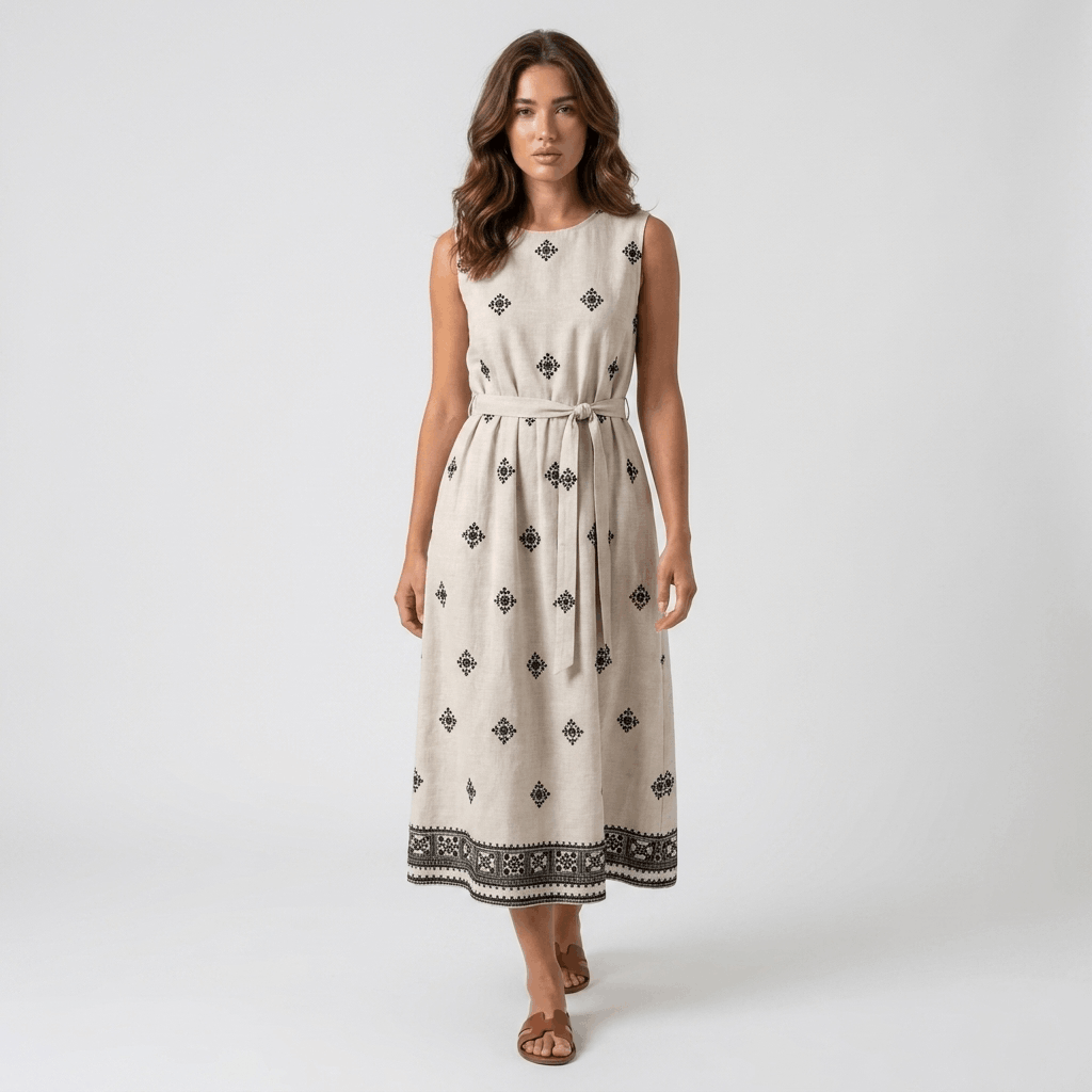 Adeline Cotton Linen Midi Dress – Embroidered Waist Tie Casual Dress