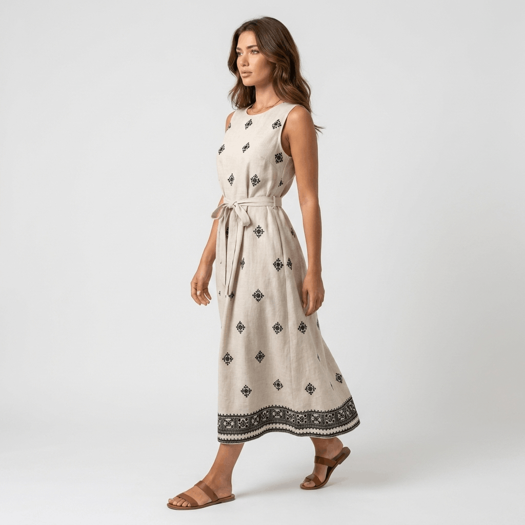 Adeline Cotton Linen Midi Dress – Embroidered Waist Tie Casual Dress