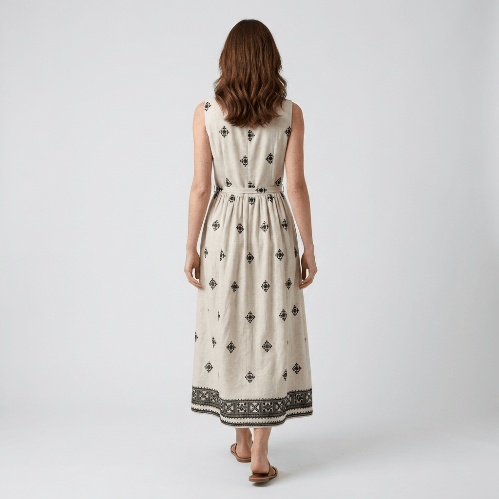 Adeline Cotton Linen Midi Dress – Embroidered Waist Tie Casual Dress