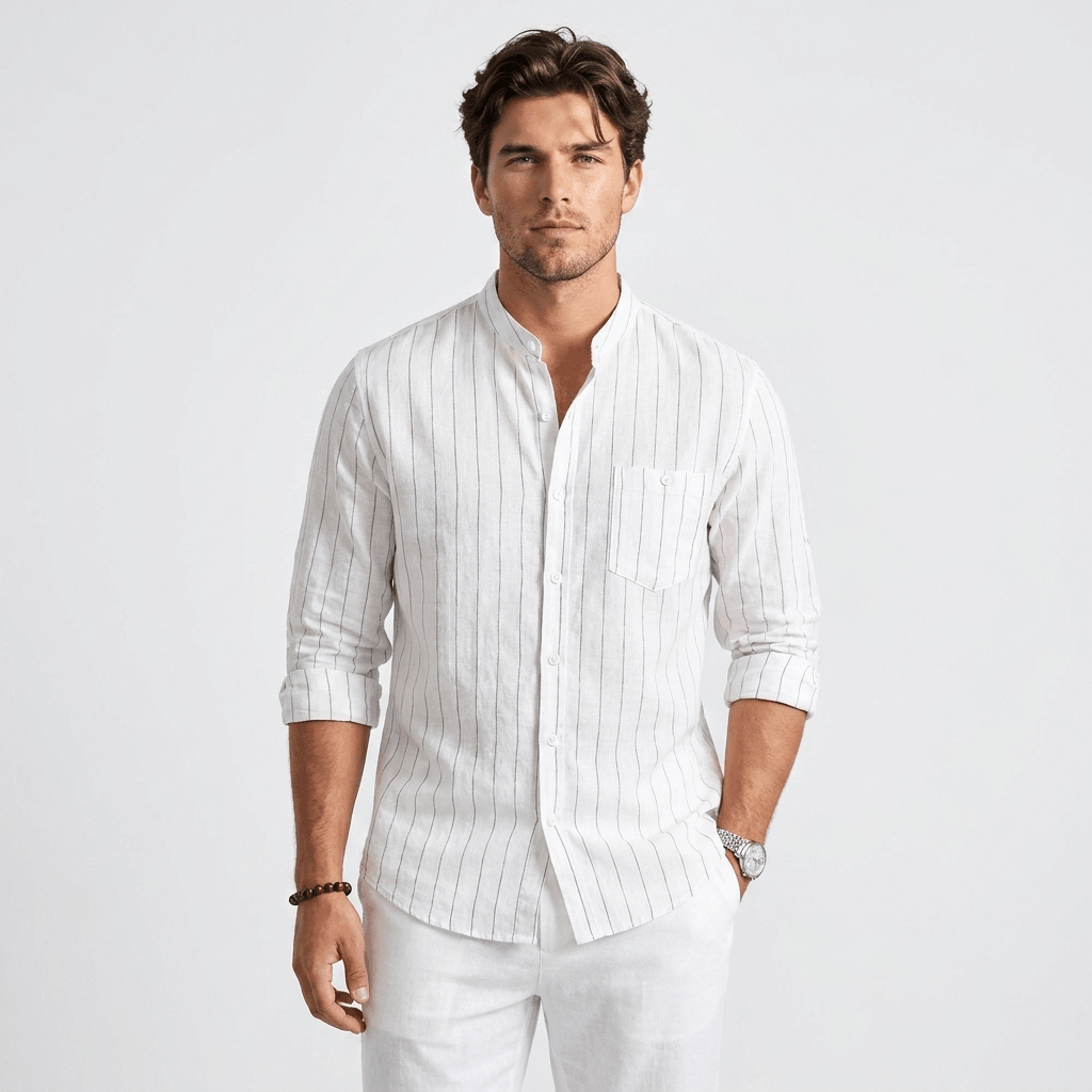 Evander Linen Blend Shirt – Retro Striped Button-Up Casual Top