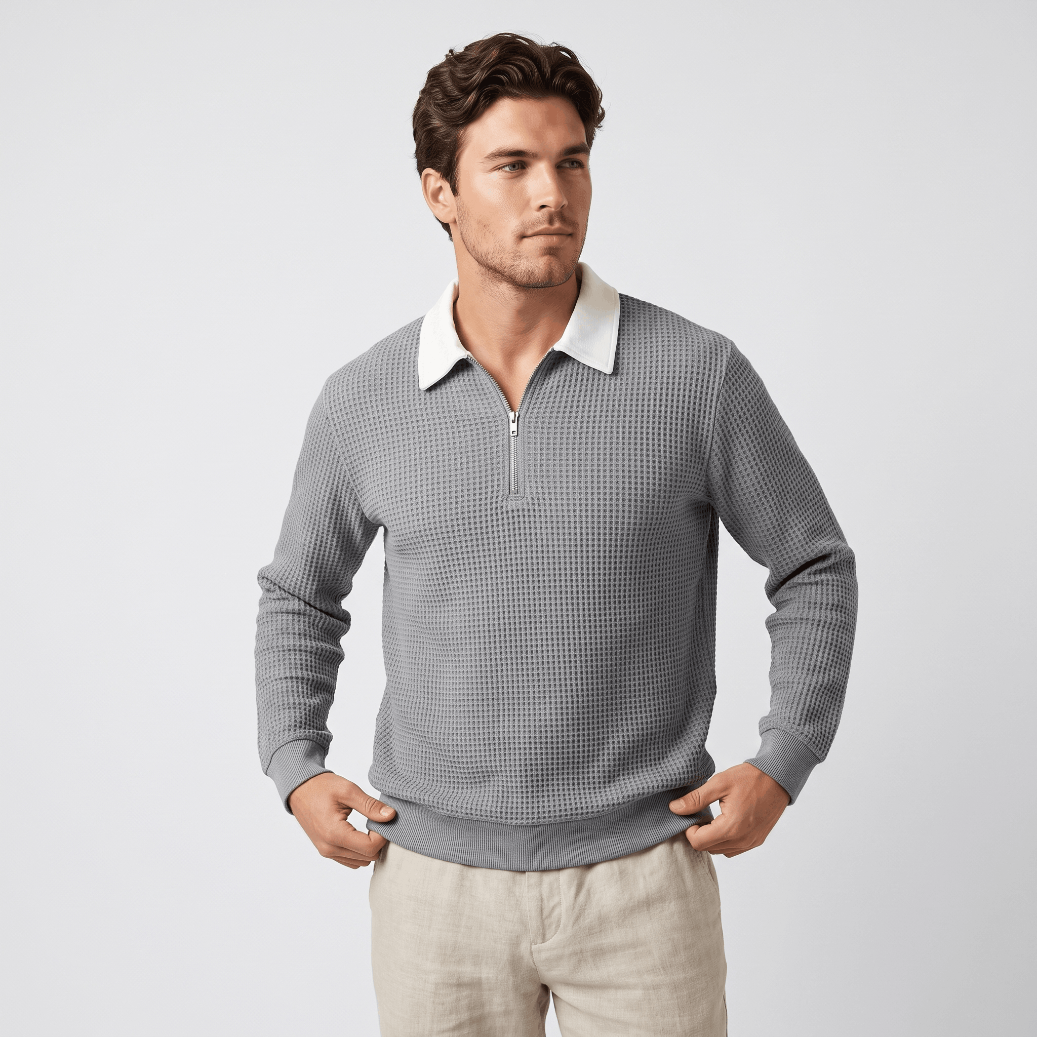 Kerwyn Waffle Knit Polo Sweater – Quarter Zip Textured Pullover
