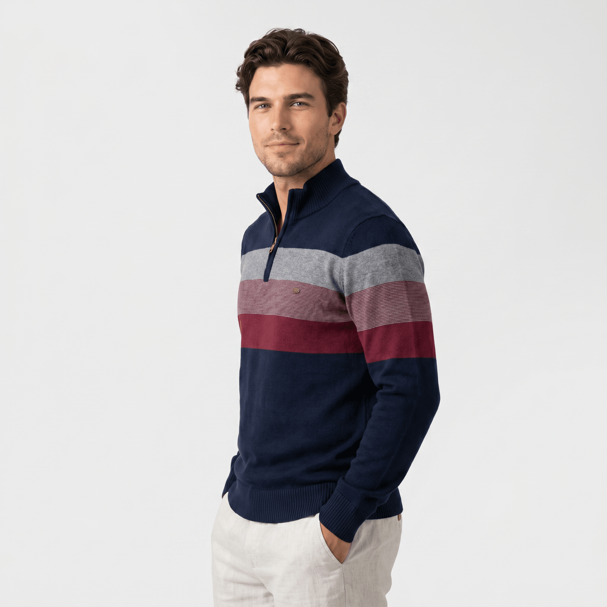 Raffy Cotton Half-Zip Sweater – Ribbed Long Sleeve Pullover