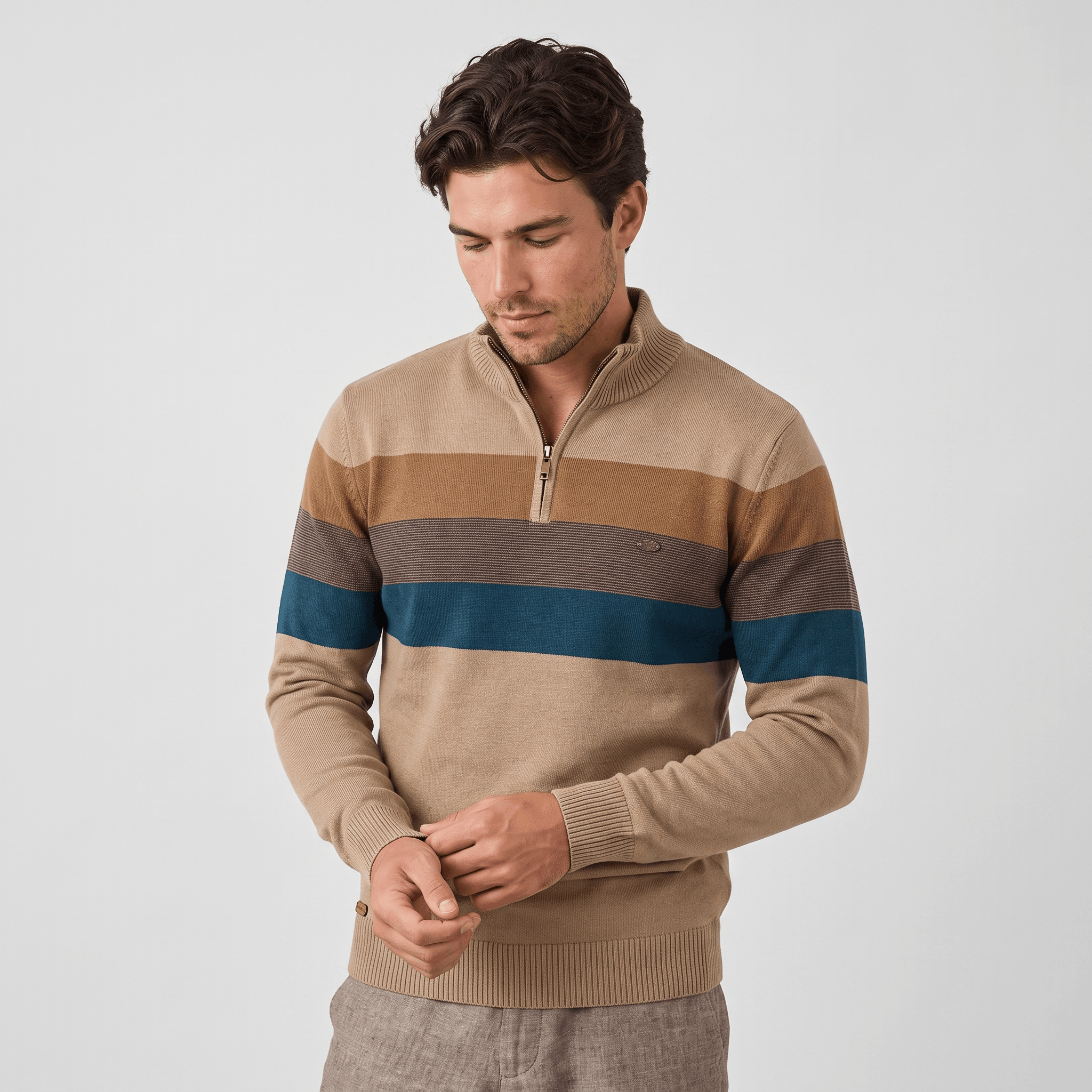 Raffy Cotton Half-Zip Sweater – Ribbed Long Sleeve Pullover