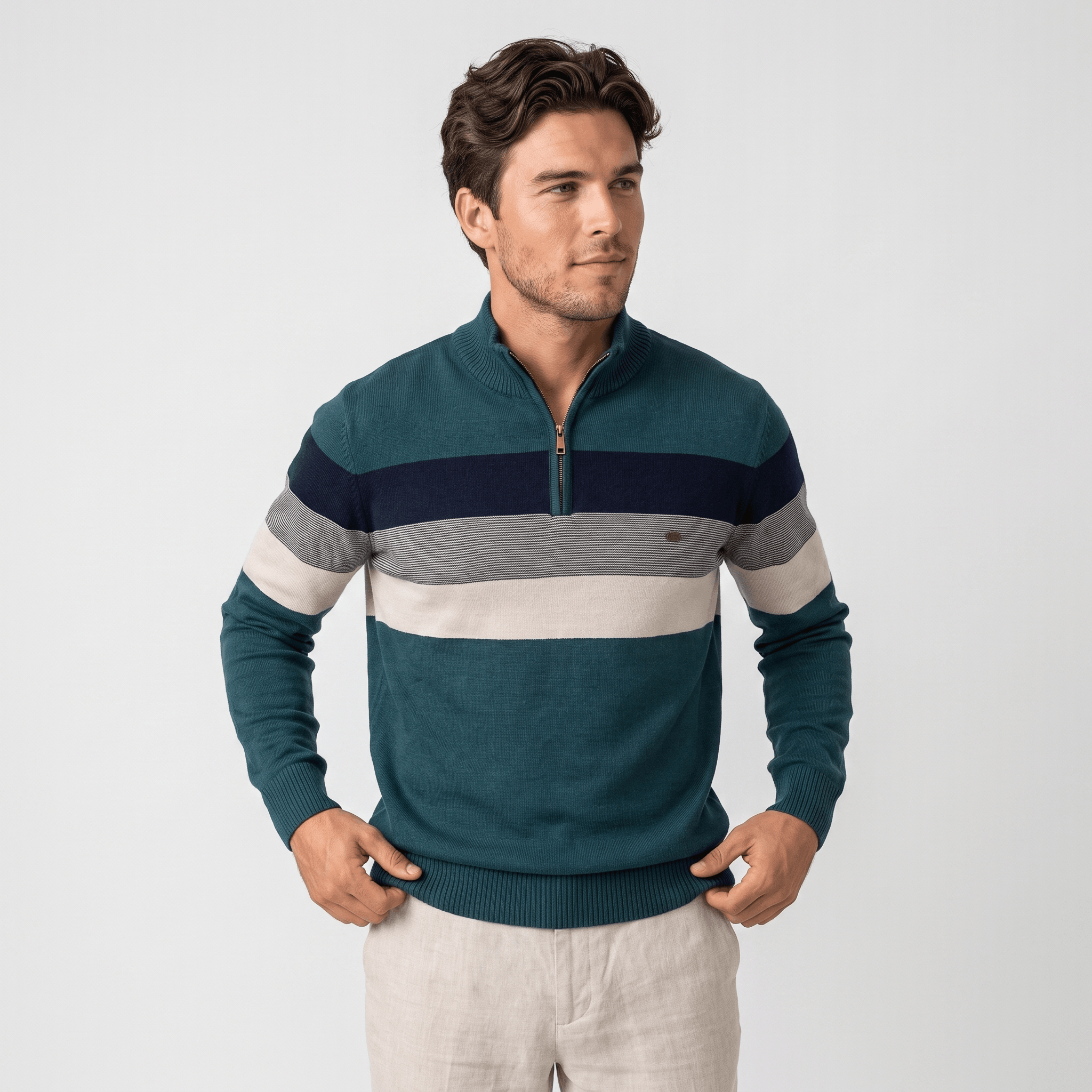 Raffy Cotton Half-Zip Sweater – Ribbed Long Sleeve Pullover