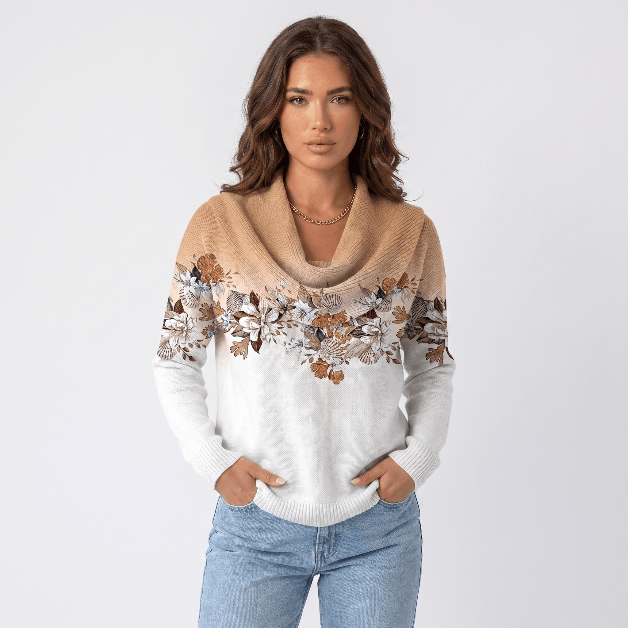 Rosalie Floral Knit Sweater – Draped Cowl Neck Pullover