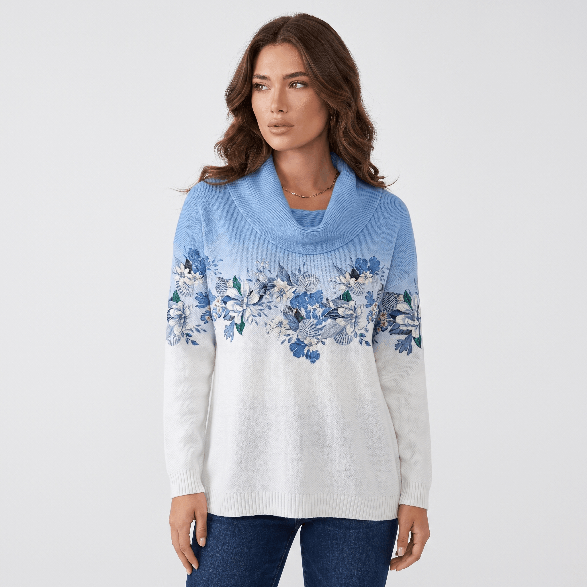 Rosalie Floral Knit Sweater – Draped Cowl Neck Pullover