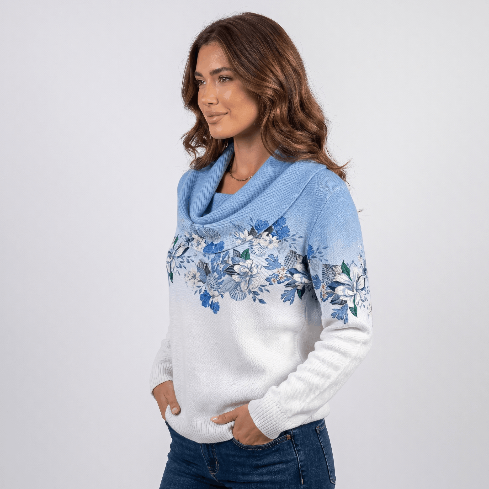 Rosalie Floral Knit Sweater – Draped Cowl Neck Pullover