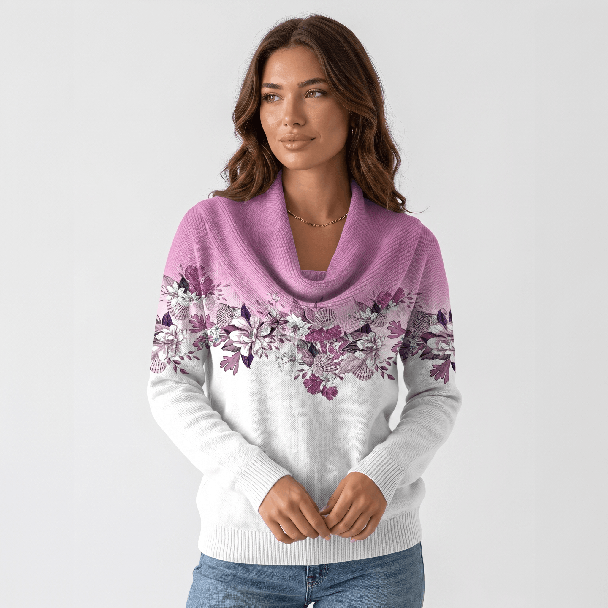Rosalie Floral Knit Sweater – Draped Cowl Neck Pullover